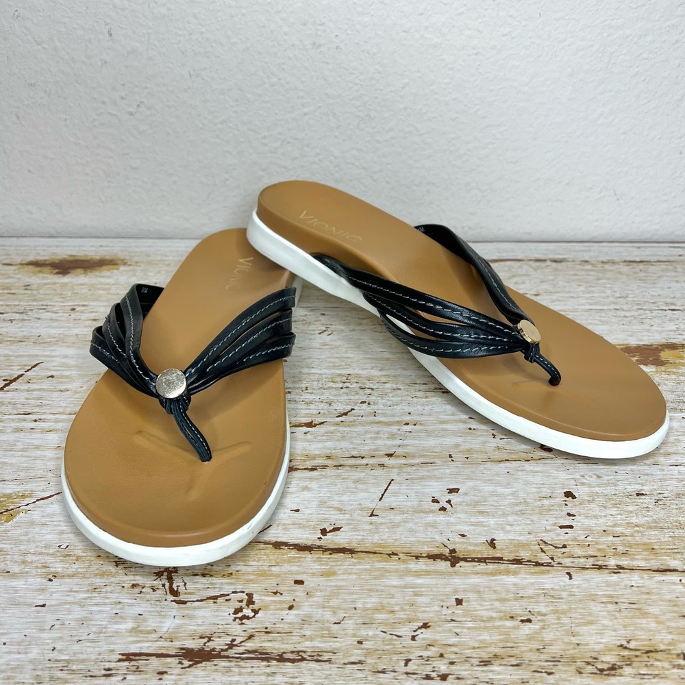 Vionic Black and Tan Women's Thong Sandals